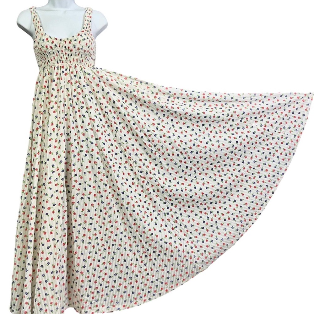 💃SOLD💃  70s hippie striped smocked calico full sweep semi sheer maxi dress - Picture 6 of 9
